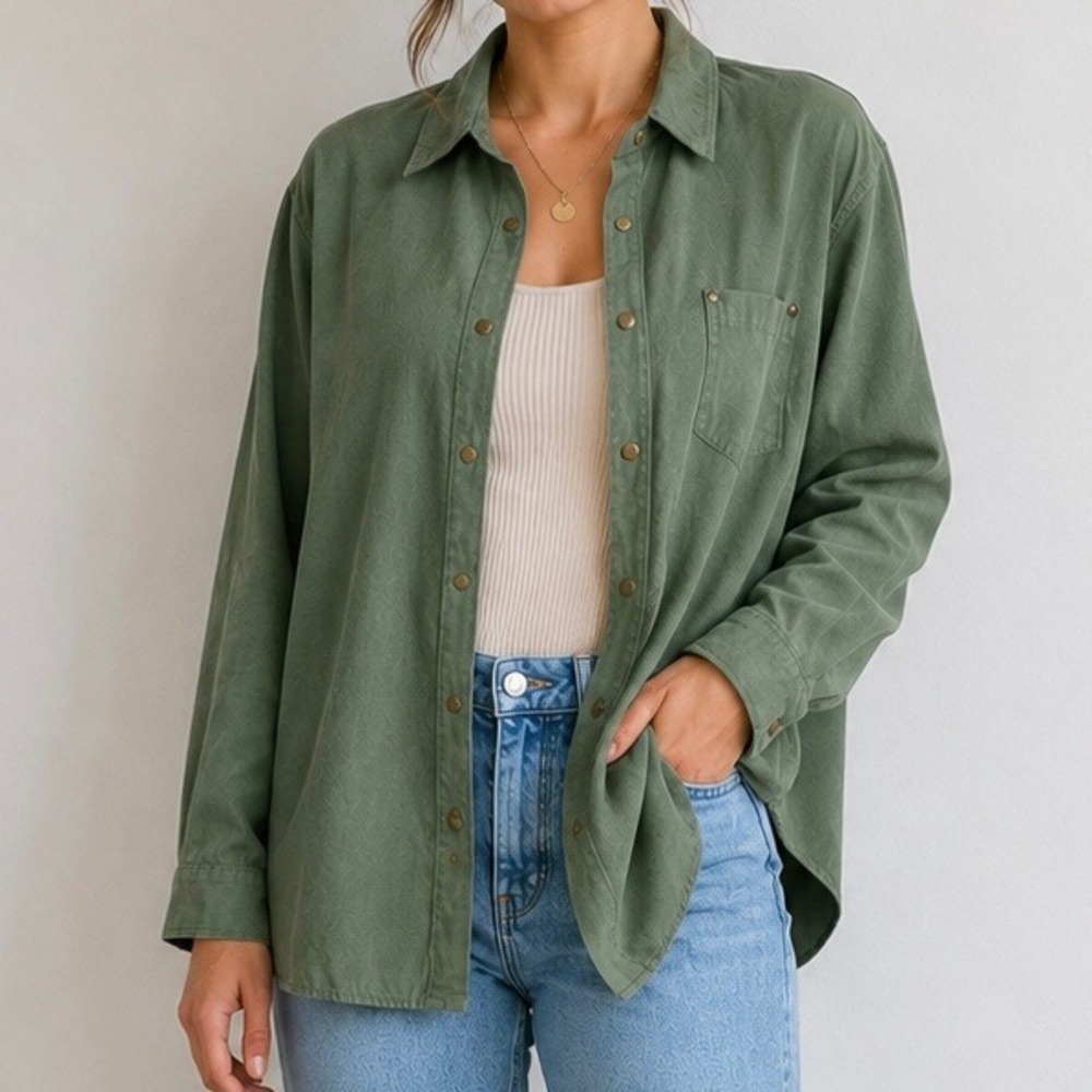 Southern Lady Sage Green Faux Suede Snap Front Shirt Jacket Womens Vintage XL